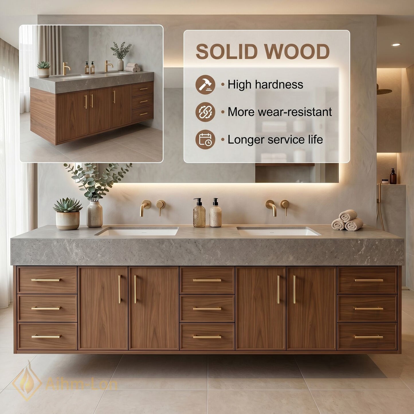 76''-96'' Bathroom Vanity with Sink Floating Base Construction Wood-Grain Drawer Fronts Double