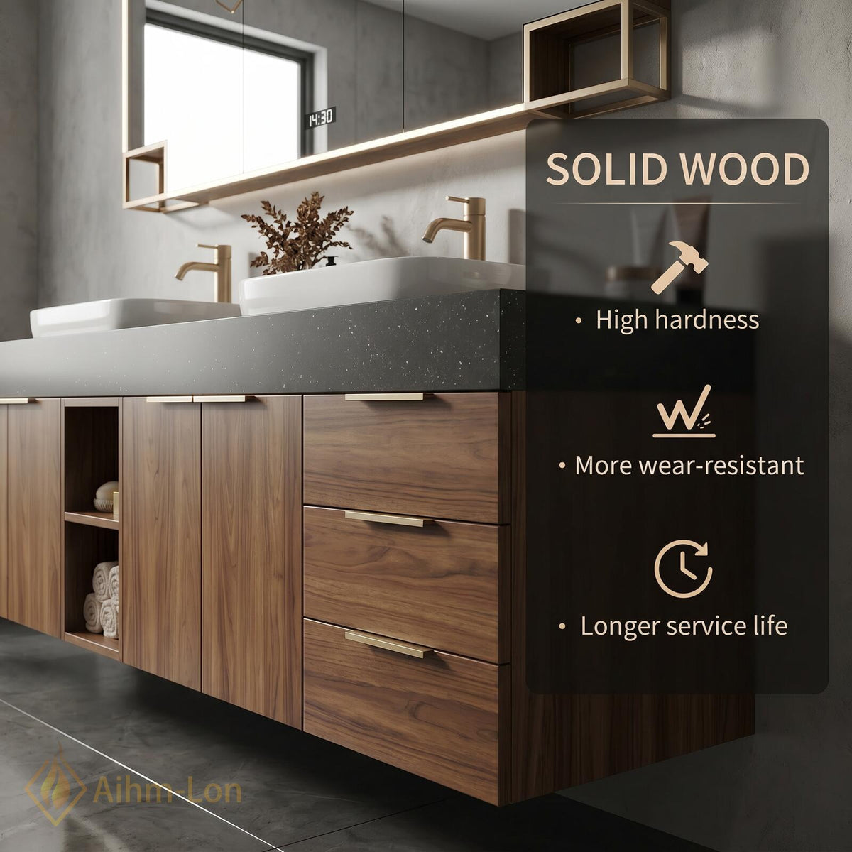 76''-96'' Double Bathroom Vanity with Sink Floating Double Walnut Finish Open Shelving