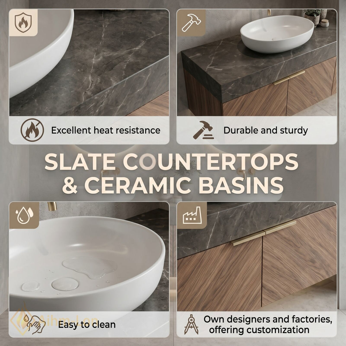 60''-96'' Double Bathroom Vanity with Sink Herringbone Wood Panels Dark Stone Countertop