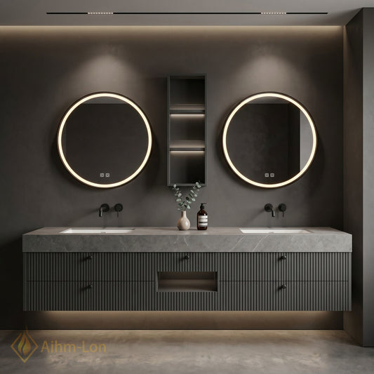 60''-96'' Double Bathroom Vanity with Sink Modern Units Ribbed Front Panels Stone