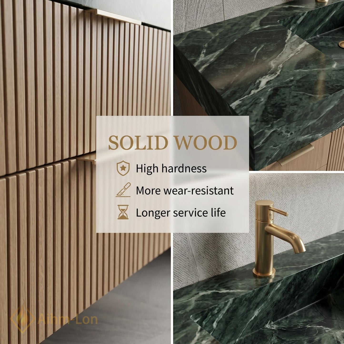 72''-96'' Double Bathroom Vanity with Sink Green Floating Marble-Top Slatted-Panels