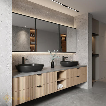 60''-96'' Double Bathroom Vanity with Sink Floating Double Slatted Wood Grey Center
