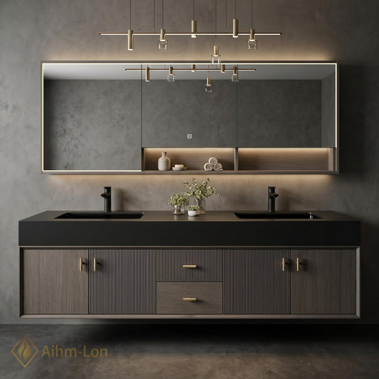 60''-96'' Double Bathroom Vanity with Sink Modern Floating Charcoal Slatted Finish Wall