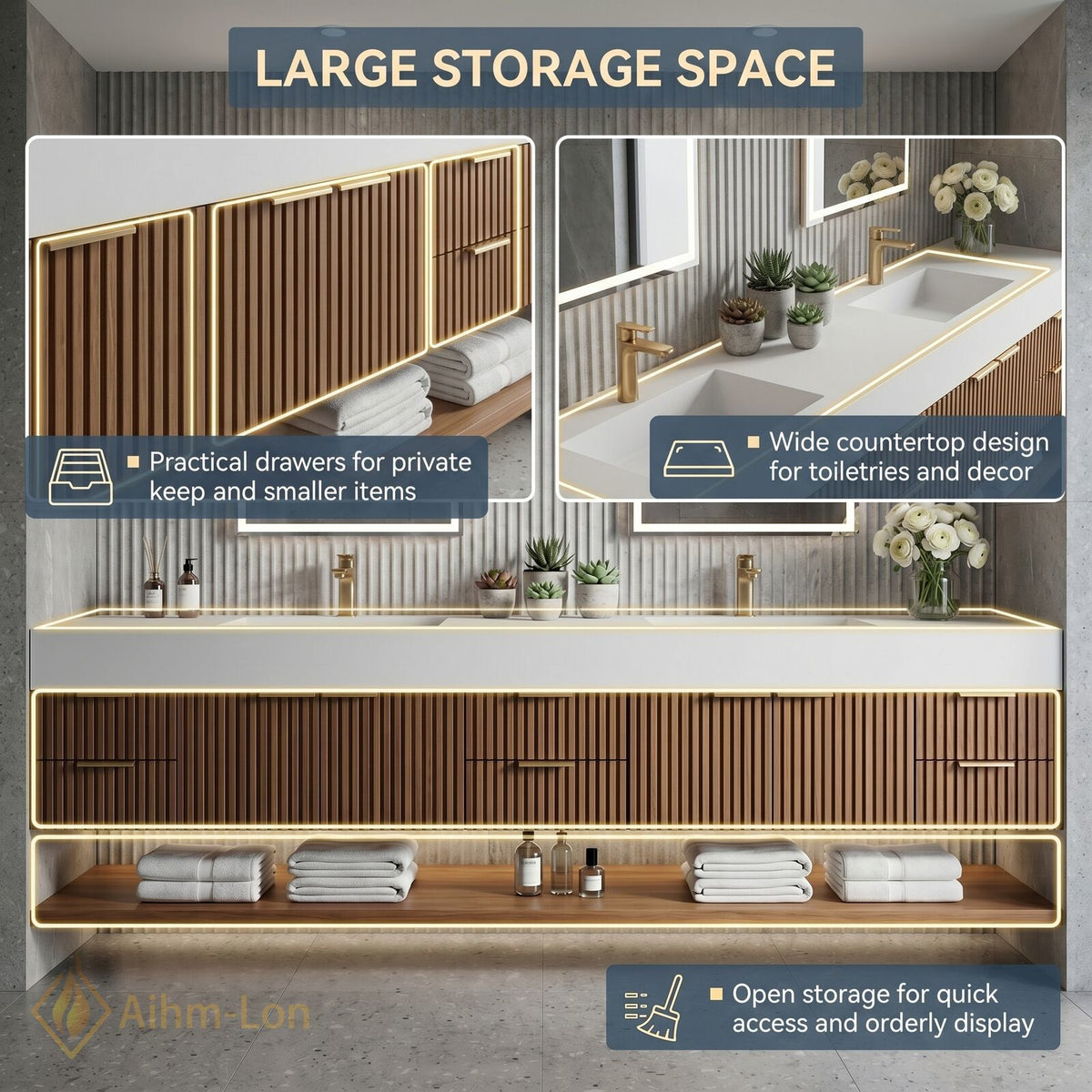 78''-96'' Double Bathroom Vanity with Sink Vertical Slatted Wood Doors Integrated Solid
