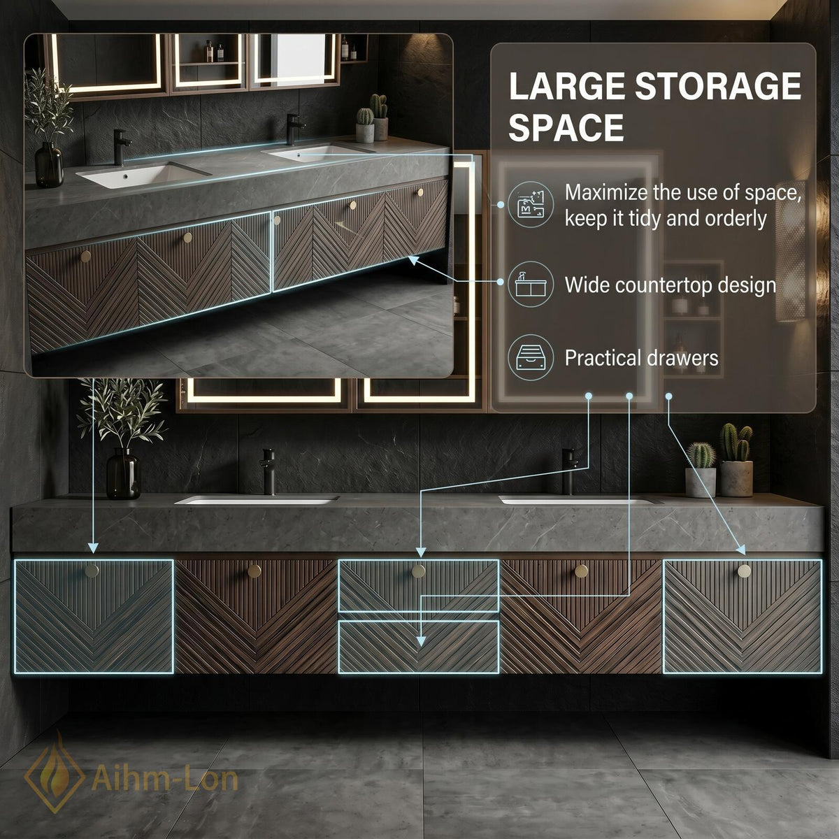 60''-96'' Double Bathroom Vanity with Sink Modern Floating Dark Walnut Finish Chevron