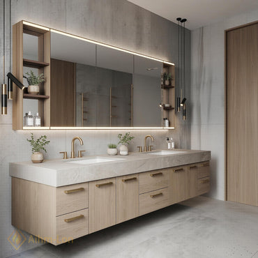 72''-96'' Double Bathroom Vanity with Sink Light-Oak Wood Modern Floating Open
