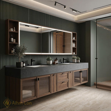78''-96'' Double Bathroom Vanity with Sink Dark Stone Top Walnut Frame Stylish