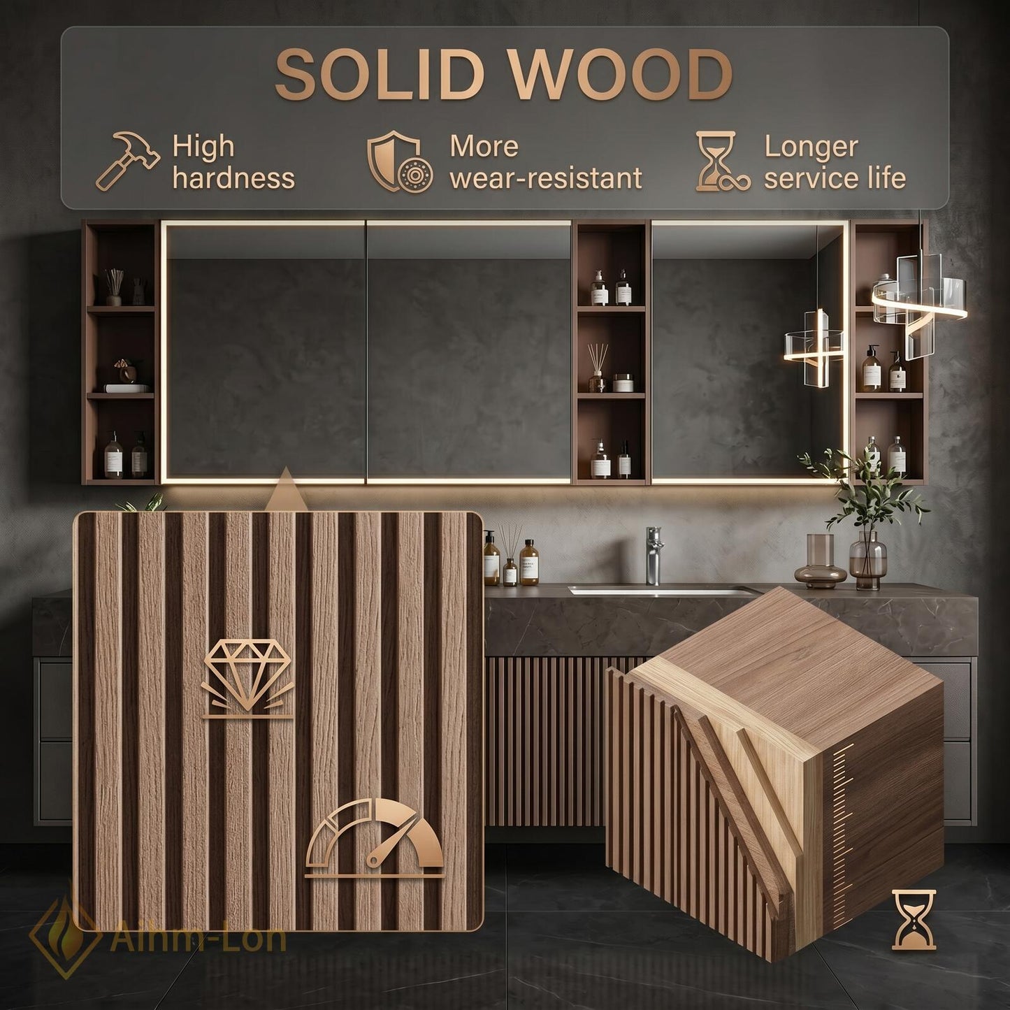 60''-96'' Modern Double Bathroom Vanity with Sink Dark Stone Slatted Center Panel