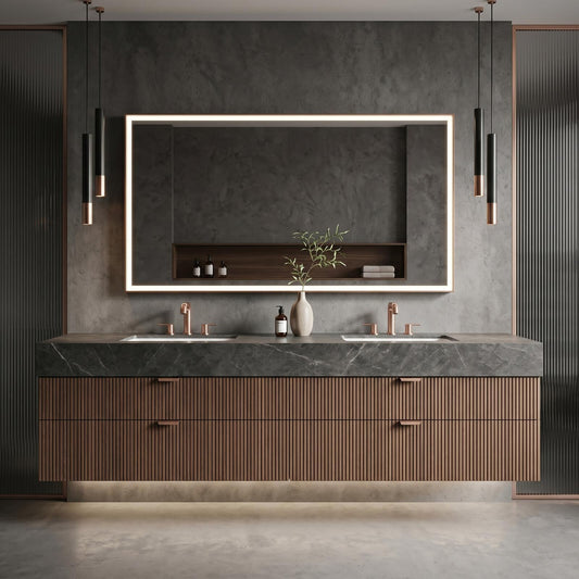 60''-96'' Double Bathroom Vanity with Sink Modern Floating Dark Wood Slatted Front Drawers