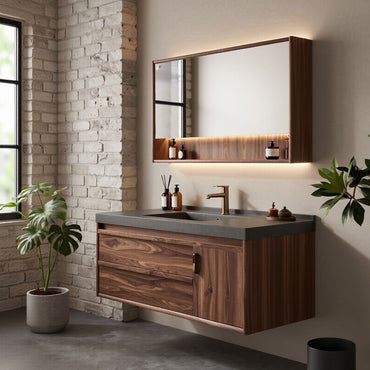 36''-64'' Modern Bathroom Vanity with Sink Floating Grey Stone Walnut Wood Grain Deep Drawers