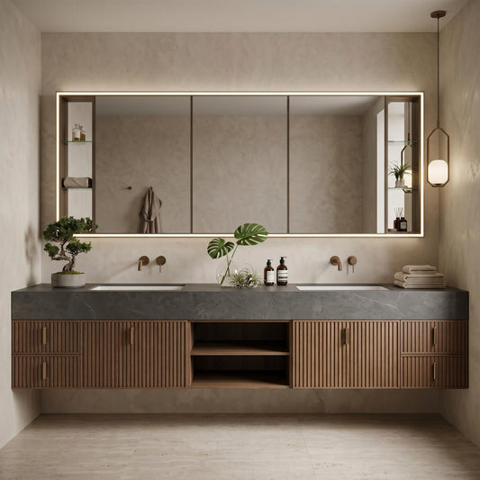 60''-96'' Double Bathroom Vanity with Sink Modern Floating Warm Walnut Dark Stone Top