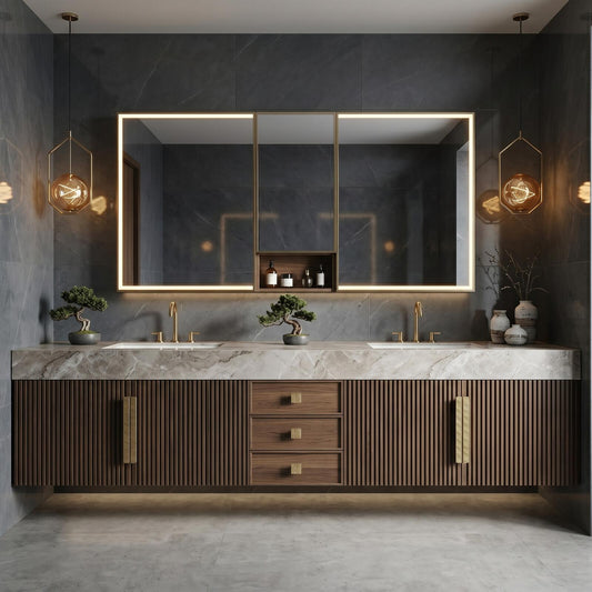 60''-96'' Double Bathroom Vanity with Sink Marble-Effect Top Dark Walnut Slatted Front