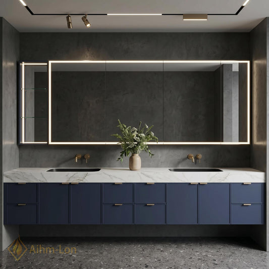 80''-96'' Double Bathroom Vanity with Sink Floating Double Marble Top Deep Navy