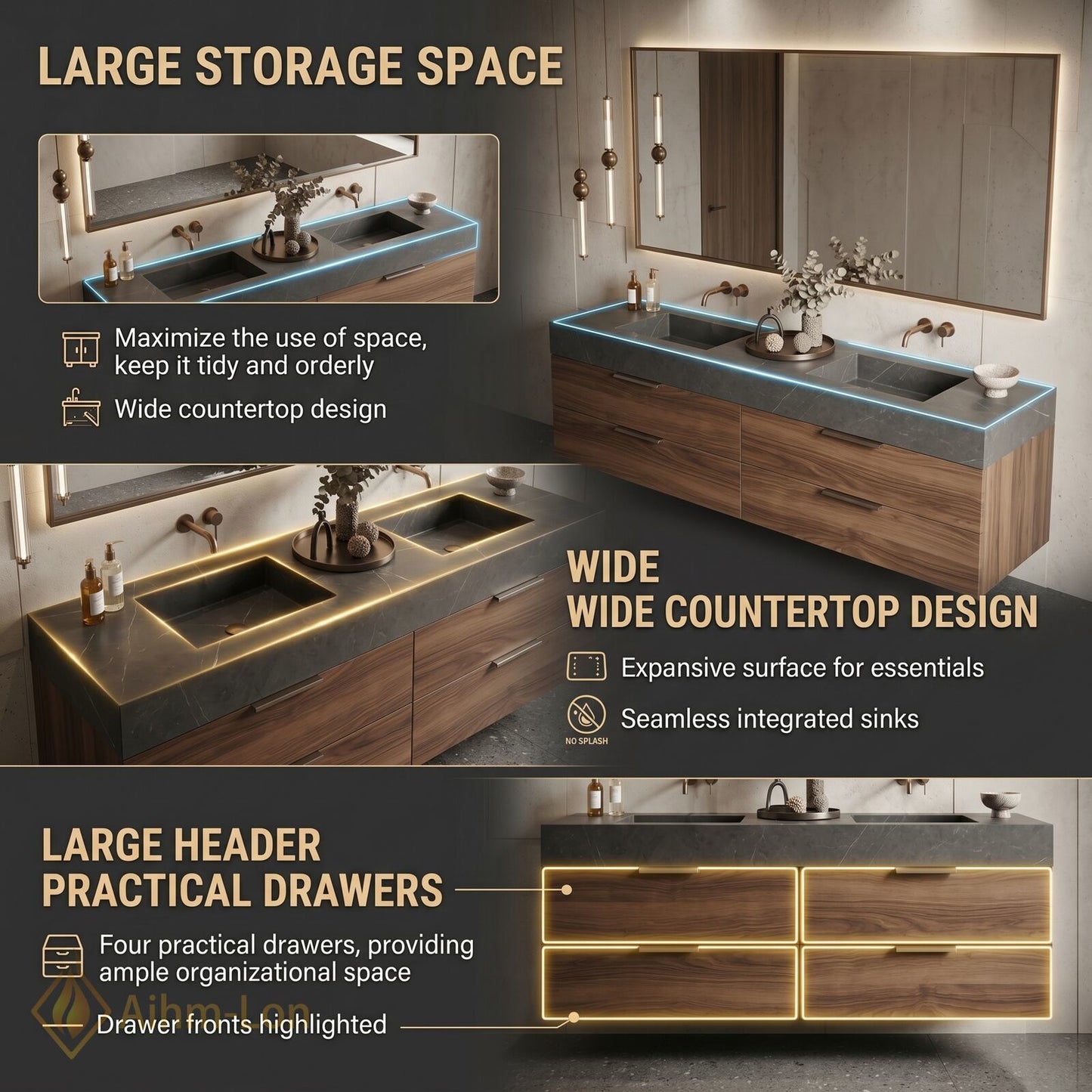 60''-96'' Double Bathroom Vanity with Sink Floating Wall-Mounted Wall-Mount Wood-Grain Finish Illuminated