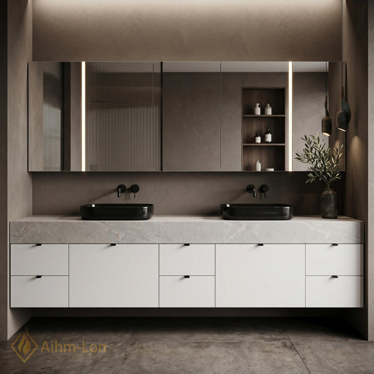 72''-96'' Double Bathroom Vanity with Sink White Modern Floating Stone-Top Drawers
