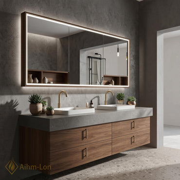 60''-96'' Modern Bathroom Vanity with Sink Warm Wood Grain Spacious Open Drawers