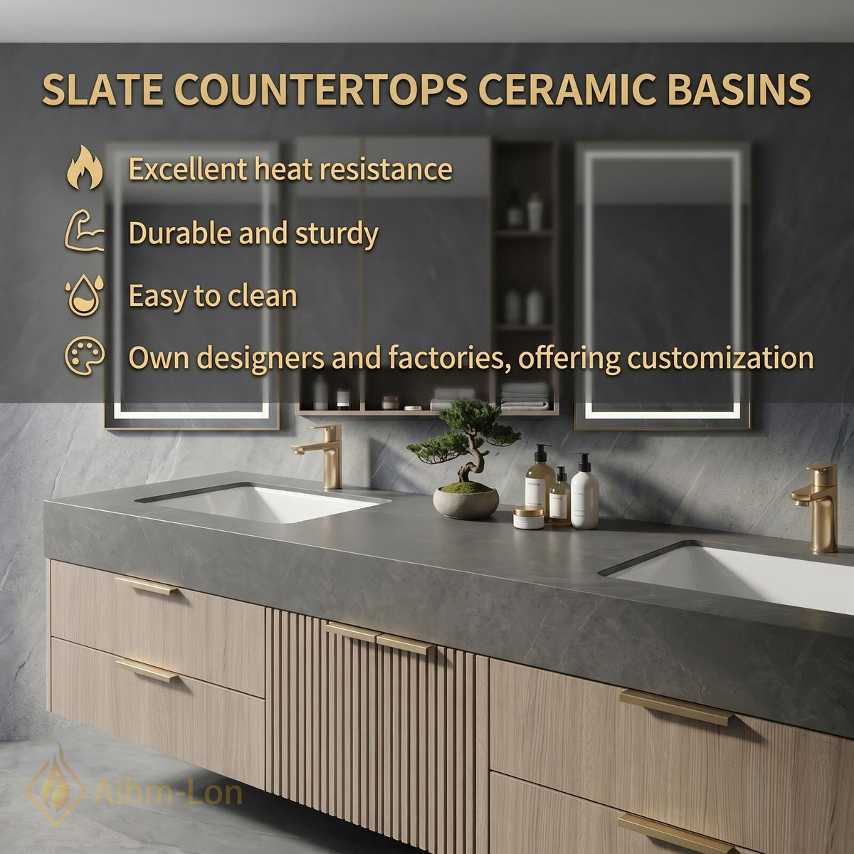 60''-96'' Modern Floating Bathroom Vanity with Sink Grey Stone Top Ribbed Doors