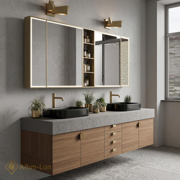 60''-96'' Double Bathroom Vanity with Sink Floating Grey Stone-Effect Wood Grain Cabinetry