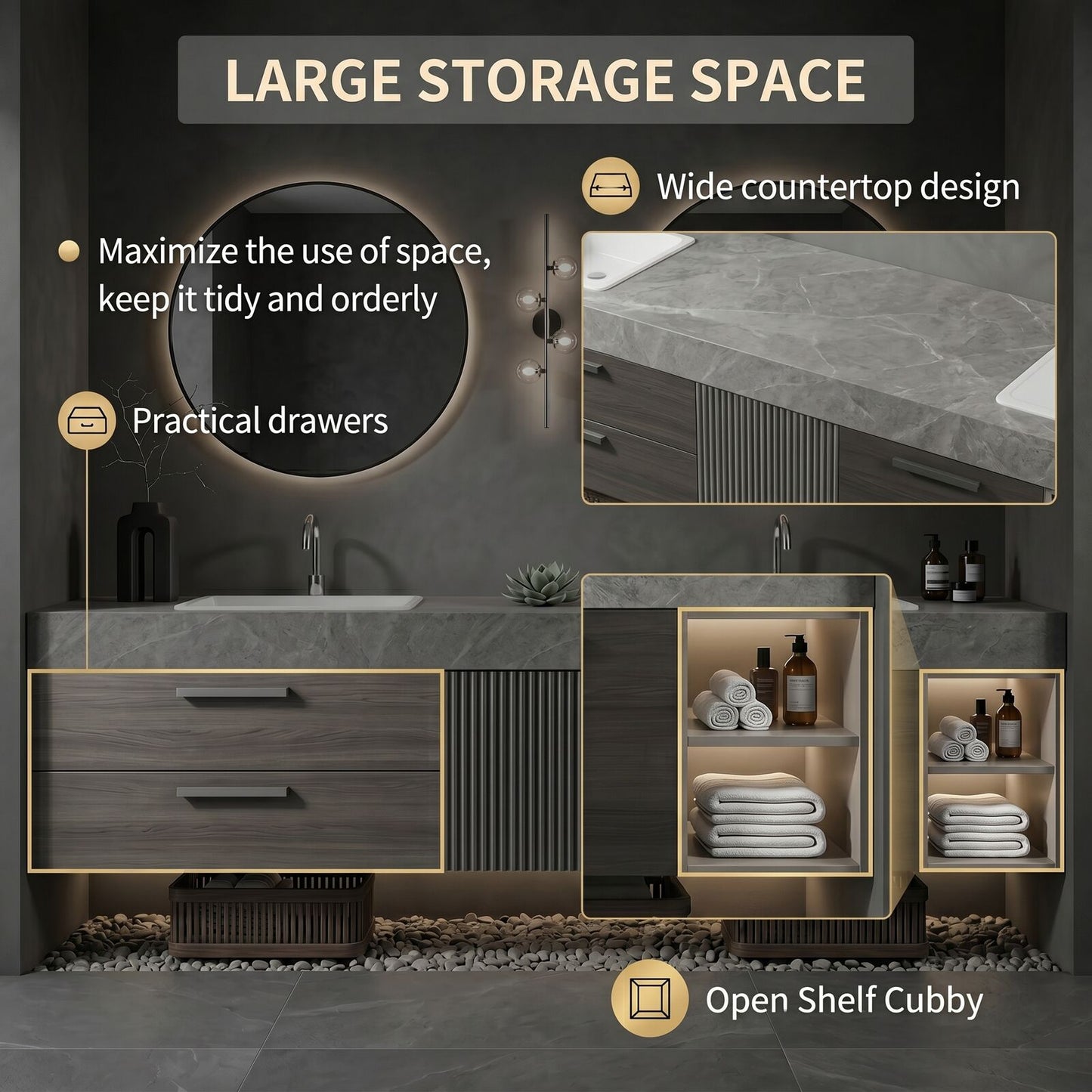 60''-96'' Double Bathroom Vanity with Sink Stone Grain Top Fluted Groove Door Shelving