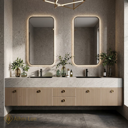 72''-96'' Double Bathroom Vanity with Sink Light Wood Slatted Panels Sleek Design