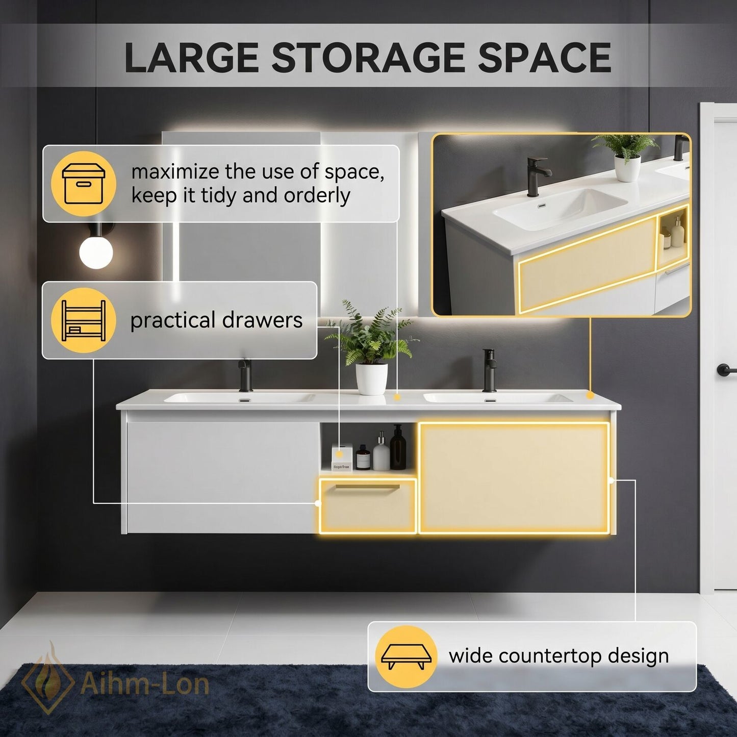 60''-96'' Modern Bathroom Vanity with Sink Double Sink Floating Wall-Mounted Mirror Cabinet
