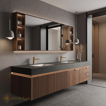 60''-96'' Double Bathroom Vanity with Sink Floating Double Walnut Finish Dark