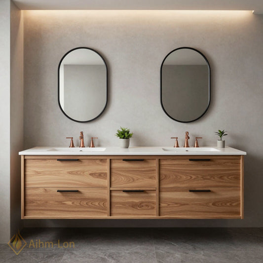 60''-96'' Modern Bathroom Vanity with Sink Oak Wood Grain Floating Drawers Countertop