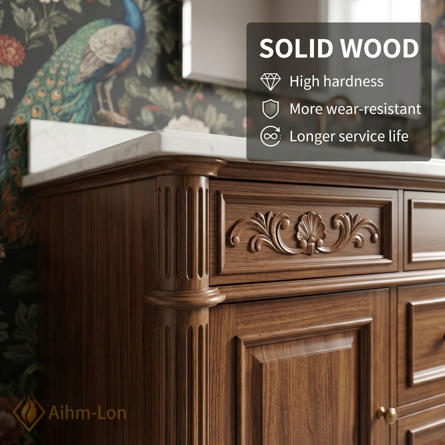 36''-64'' Classic Bathroom Vanity with Sink Dark Wood Carved Drawer Stone Top