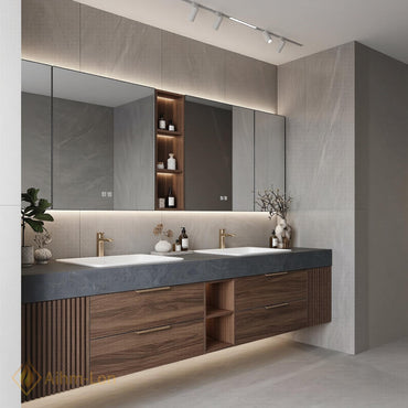60''-96'' Double Bathroom Vanity with Sink Floating Double Walnut Finish Floating