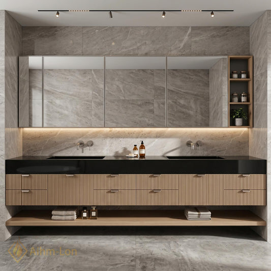 78''-96'' Modern Floating Double Bathroom Vanity with Sink Wood Grain Slatted Drawer