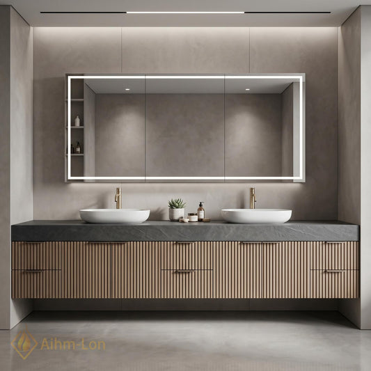 60''-96'' Double Bathroom Vanity with Sink Floating Dark Stone Top Vertical Wood Slats