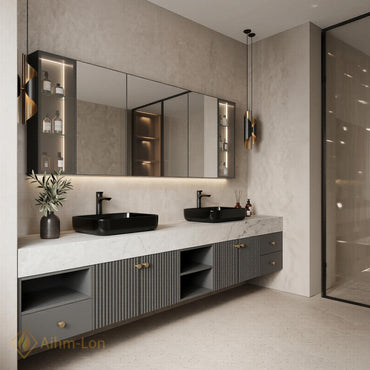 60''-96'' Double Bathroom Vanity with Sink Dark Gray Slatted Doors Marble-Effect Top