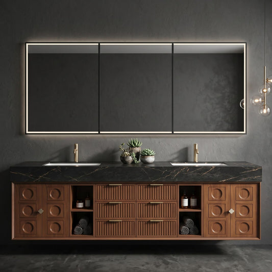 60''-96'' Double Bathroom Vanity with Sink Modern Floating Dark Wood Slatted Center Panel