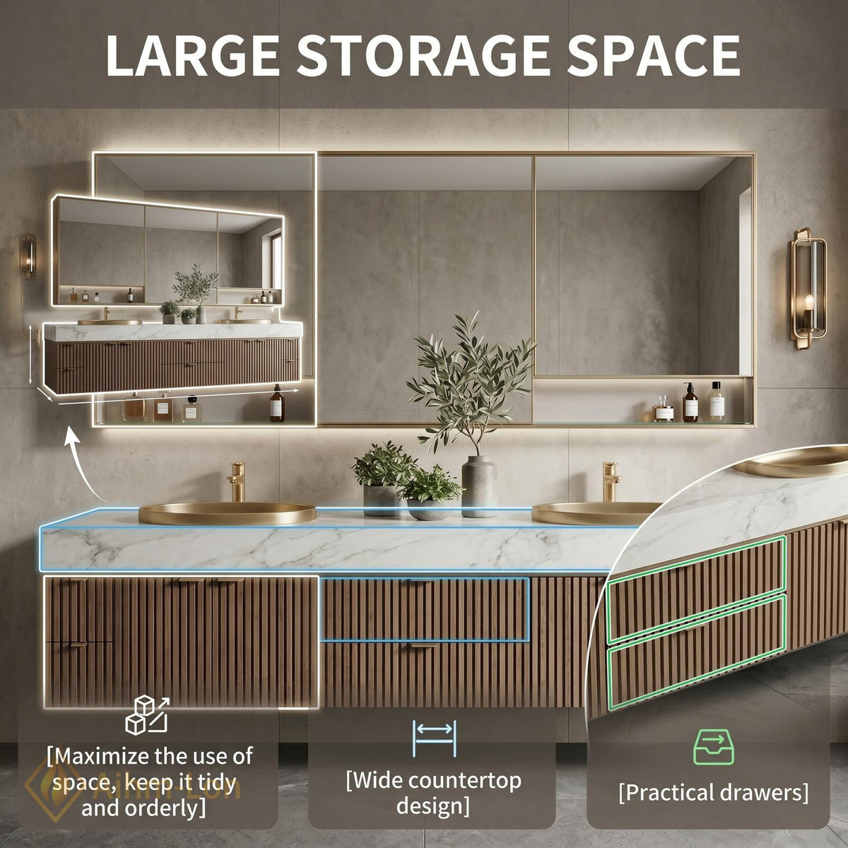 60''-96'' Double Bathroom Vanity with Sink Modern Floating Basins Vertical Slatted Front