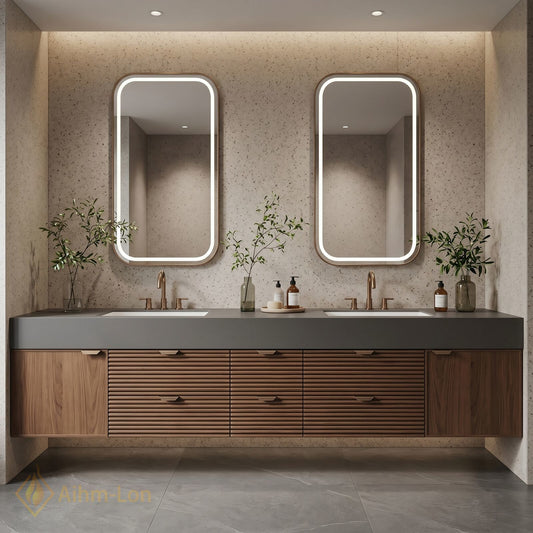 70''-96'' Double Bathroom Vanity with Sink Modern Stone-Top Slatted Dark Wooden Drawers