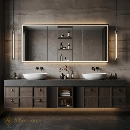 60''-96'' Double Bathroom Vanity with Sink Floating Slatted Panel Dark Walnut Finish