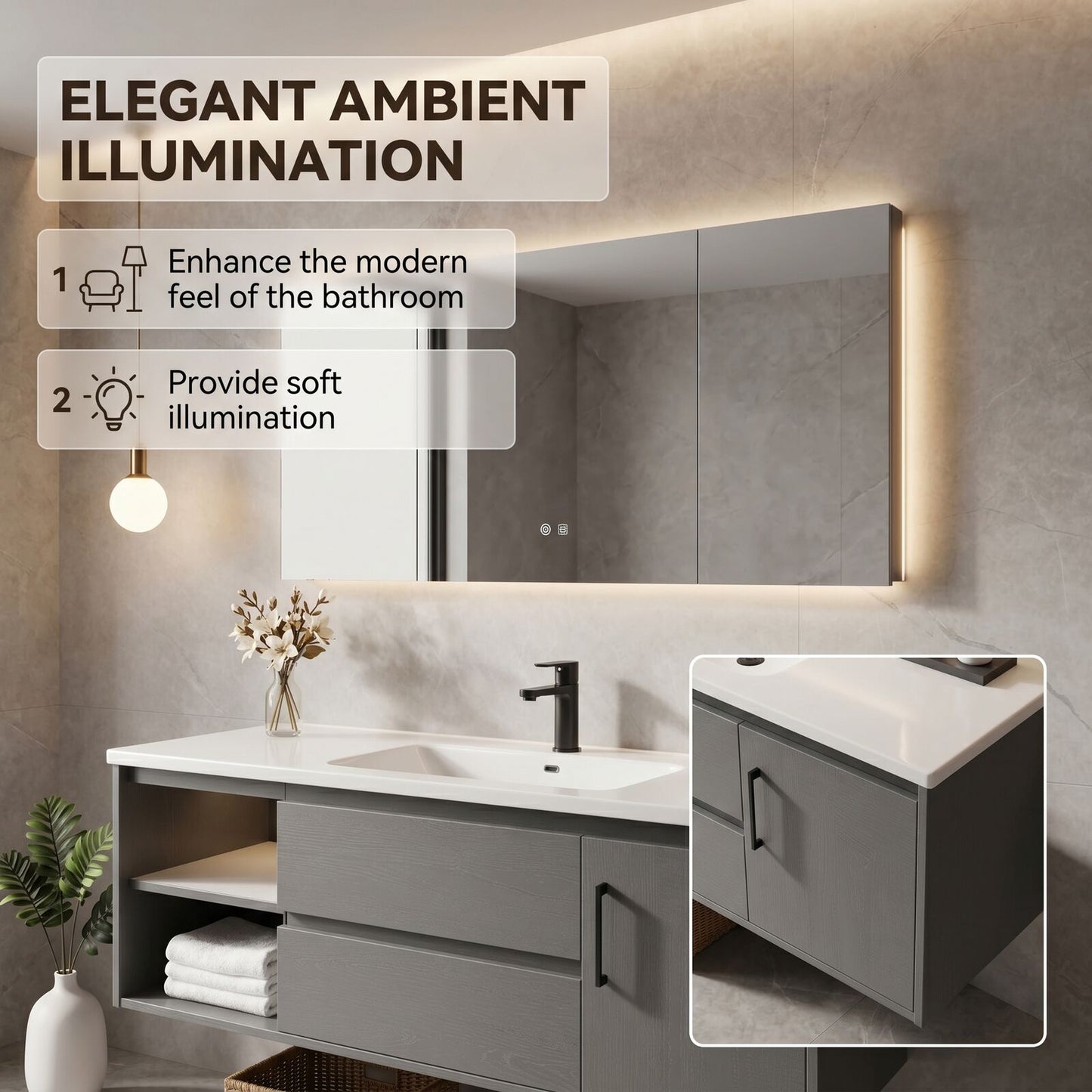 36''-64'' Modern Bathroom Vanity with Sink Single Sink Solid Wood Grain Floating Smart Mirror