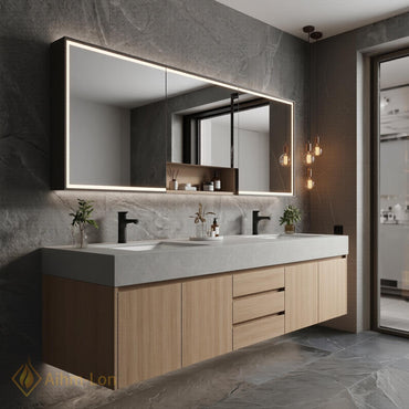 60''-96'' Bathroom Vanity with Sink Modern Floating Natural Oak Grain Countertop