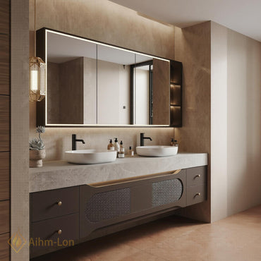 60''-96'' Double Bathroom Vanity with Sink Slatted Front Open Shelving Cabinet