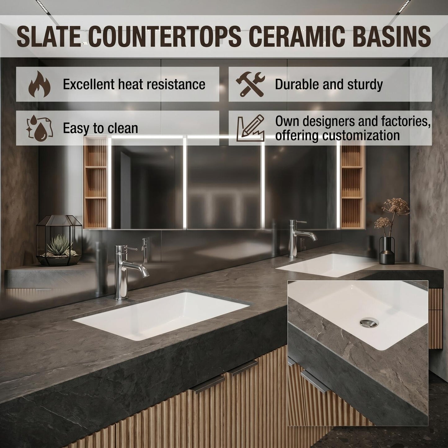 76''-96'' Modern Bathroom Vanity with Sink Double Sink Ribbed Wood Dark Stone Countertop Cabinet
