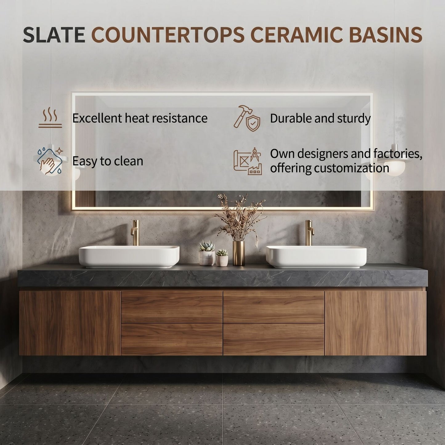 60''-96'' Modern Bathroom Vanity with Sink Double Sink Dark Stone Walnut Wood Drawers Cabinet