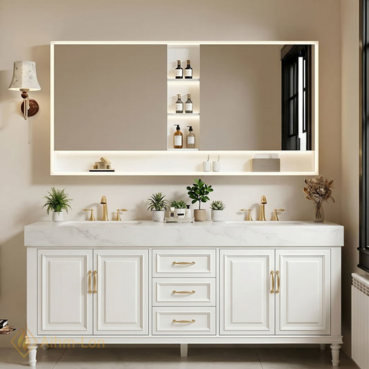 72''-96'' Double Bathroom Vanity with Sink White Shaker Panel Doors Marble Textured