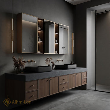 60''-96'' Double Bathroom Vanity with Sink Modern Dark Walnut Finish Mirror Storage