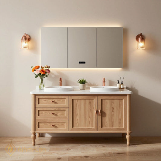 60''-96'' Modern Bathroom Vanity with Sink Light Wood Grain Vessel Sinks Anti-Fog Mirror