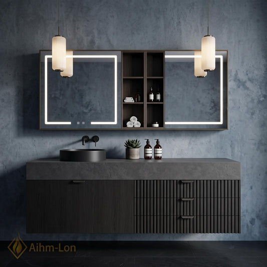 36''-110'' Bathroom Vanity with Sink Floating Sintered Stone Top Dark Finish