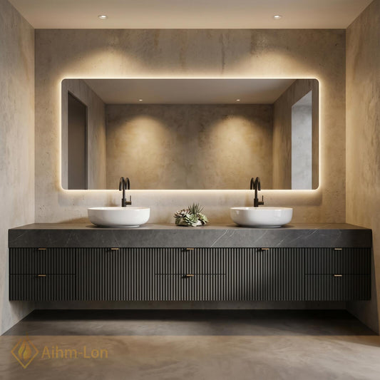 70''-96'' Double Bathroom Vanity with Sink Dark Modern Floating Slatted-Panels Stone