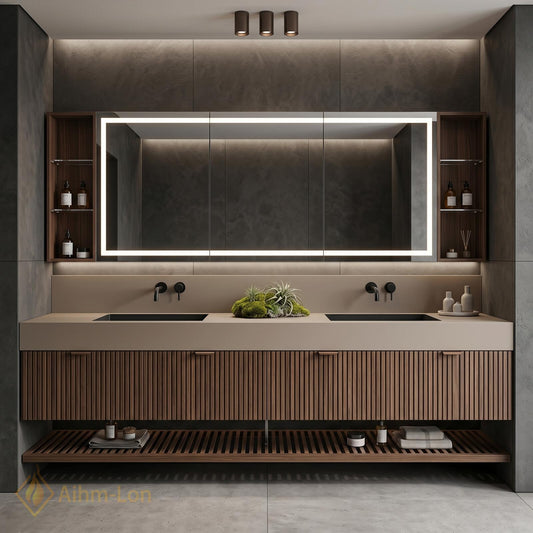 60''-96'' Double Bathroom Vanity with Sink Modern Walnut Slatted Panel Open Base Shelf