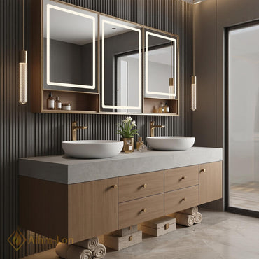 60''-96'' Double Bathroom Vanity with Sink Modern Floating Warm Wood Grain Cabinetry