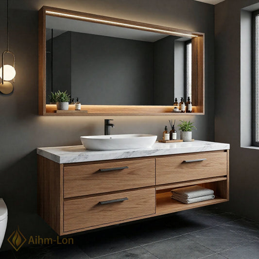 36''-64'' Modern Bathroom Vanity with Sink Floating Wood Grain Marble Illuminated Drawers