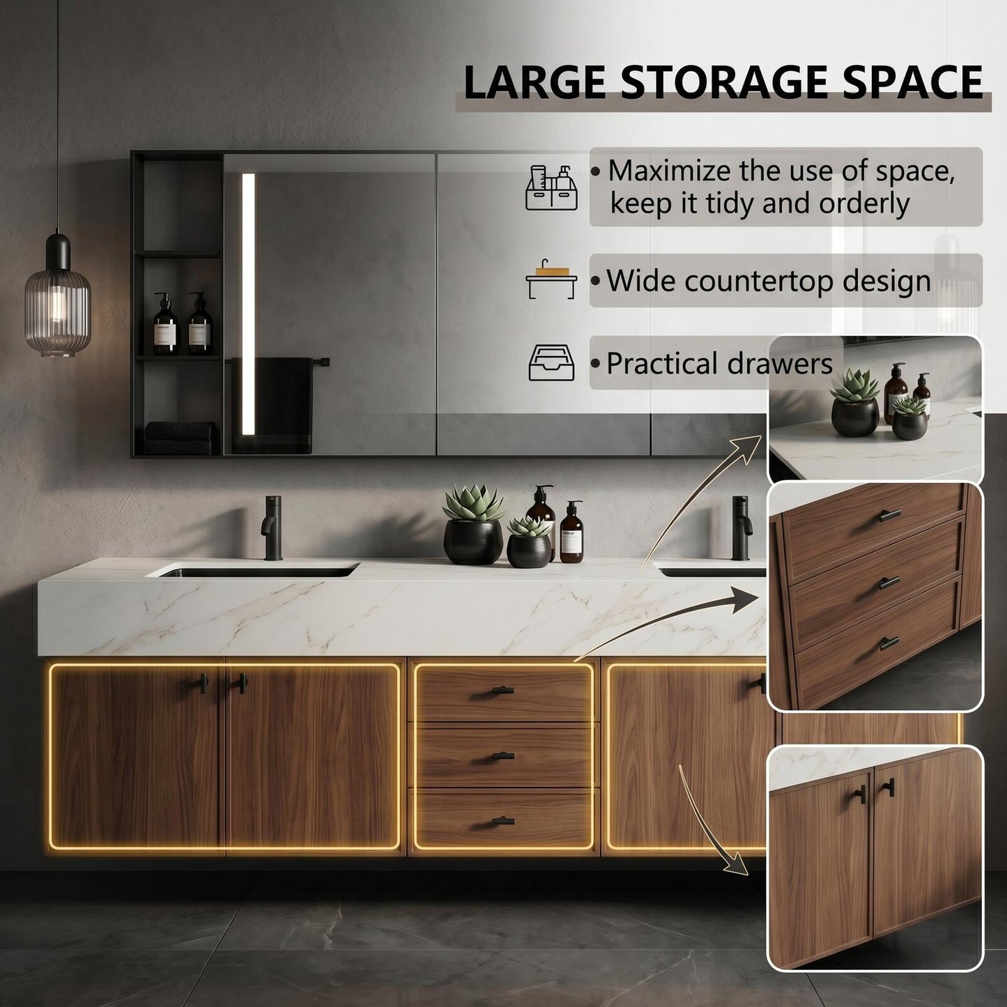 60''-96'' Modern Bathroom Vanity with Sink White Marble Walnut Grained Doors Drawers Cabinet